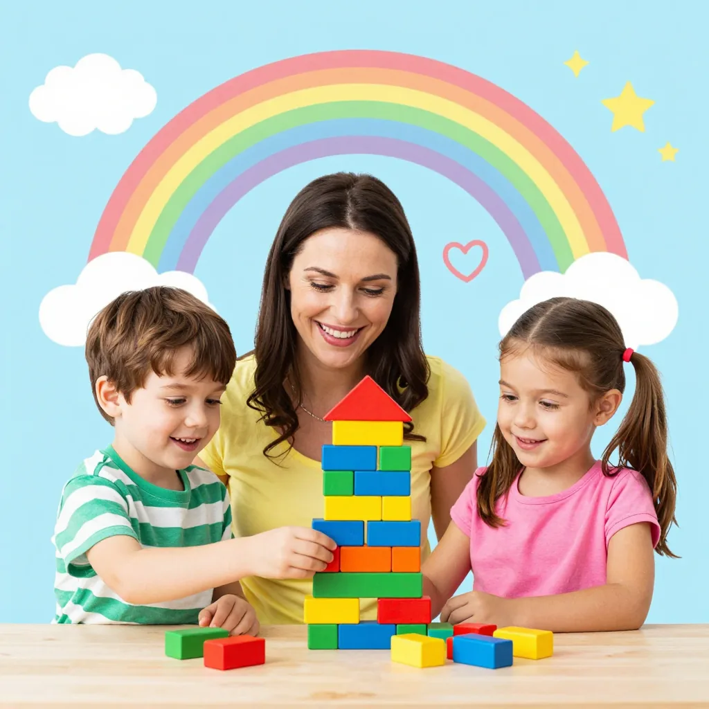Una maestra sonríe mientras dos niños construyen una torre de bloques de colores frente a un arcoíris